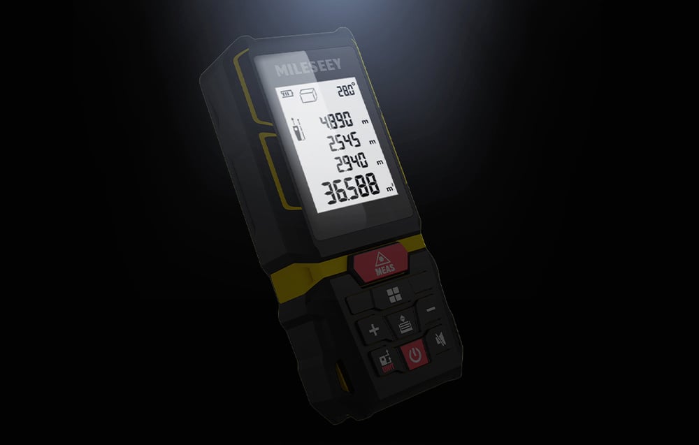 Laser rangefinder with a backlit screen displaying measurement results on a dark background.