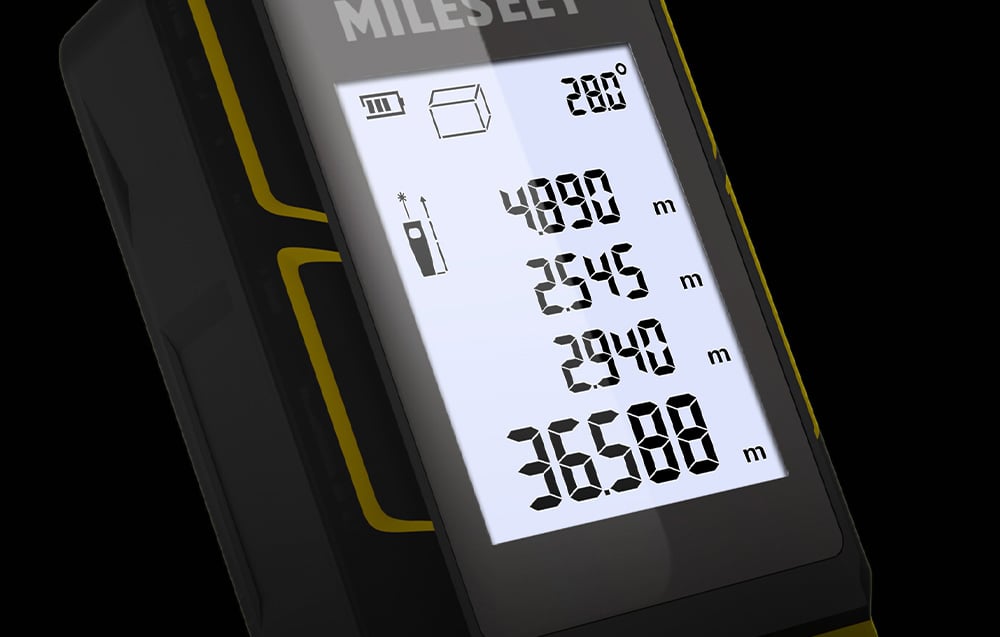Close-up of the laser rangefinder’s clear display showing several lines of digital measurement results.