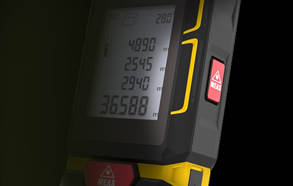 Side view of the laser rangefinder showing the red measurement button and rubberized casing.