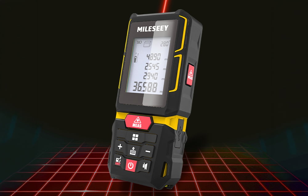 Laser rangefinder standing upright against a red perspective grid with an active measurement beam.