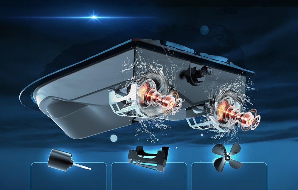 Bottom view of the bait boat’s motors and propellers with anti-fouling guards.
