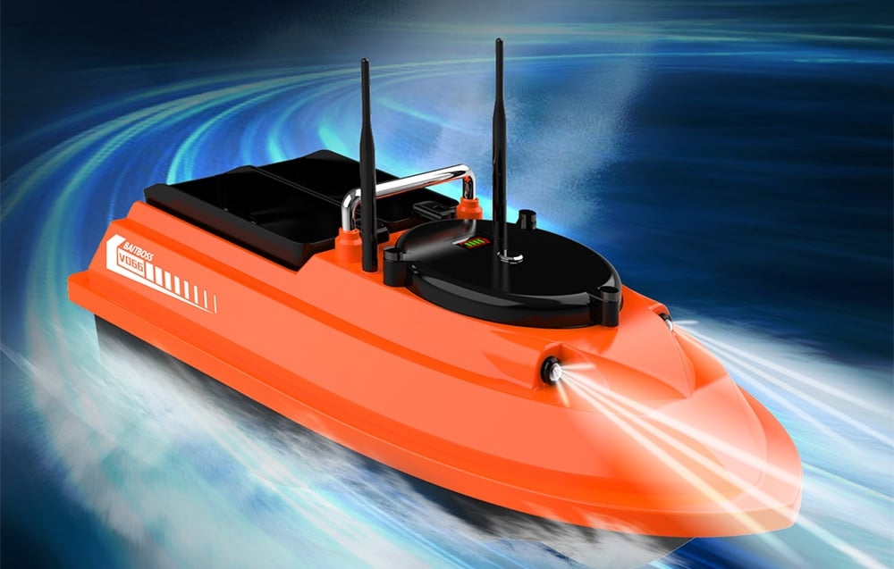 Image showing a bait boat moving dynamically with the front lights on.