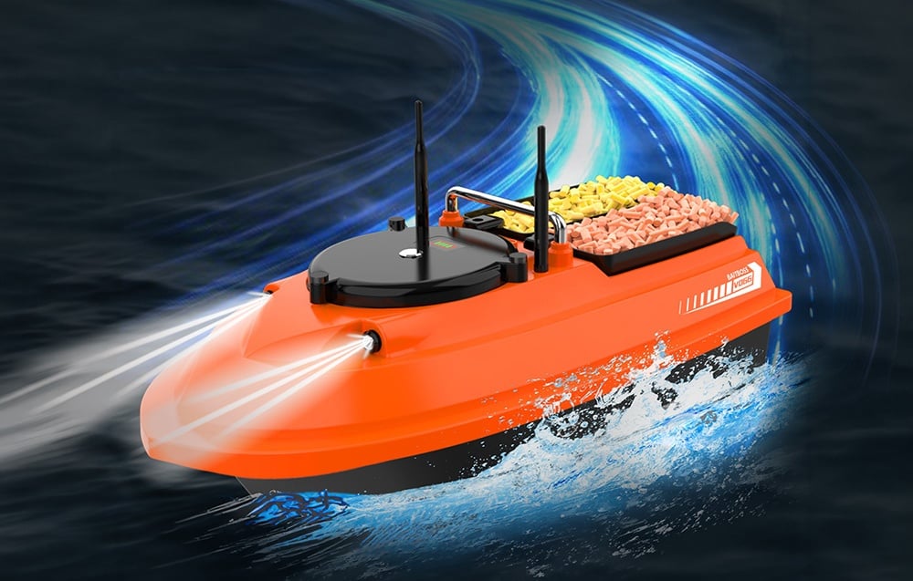 Image of a bait boat with two compartments filled with colored bait pellets.