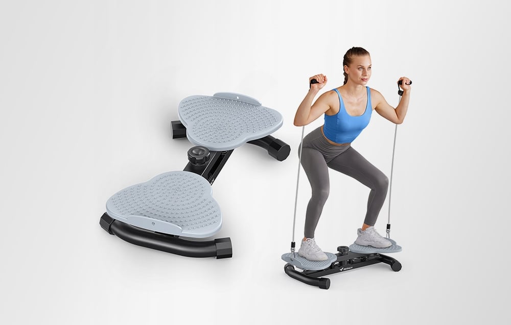 A shot of the MERACH twister with an image of a woman performing a half-squat on it using resistance bands