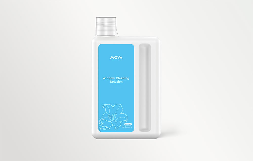 White and blue bottle with MOVA window cleaner on a gray background