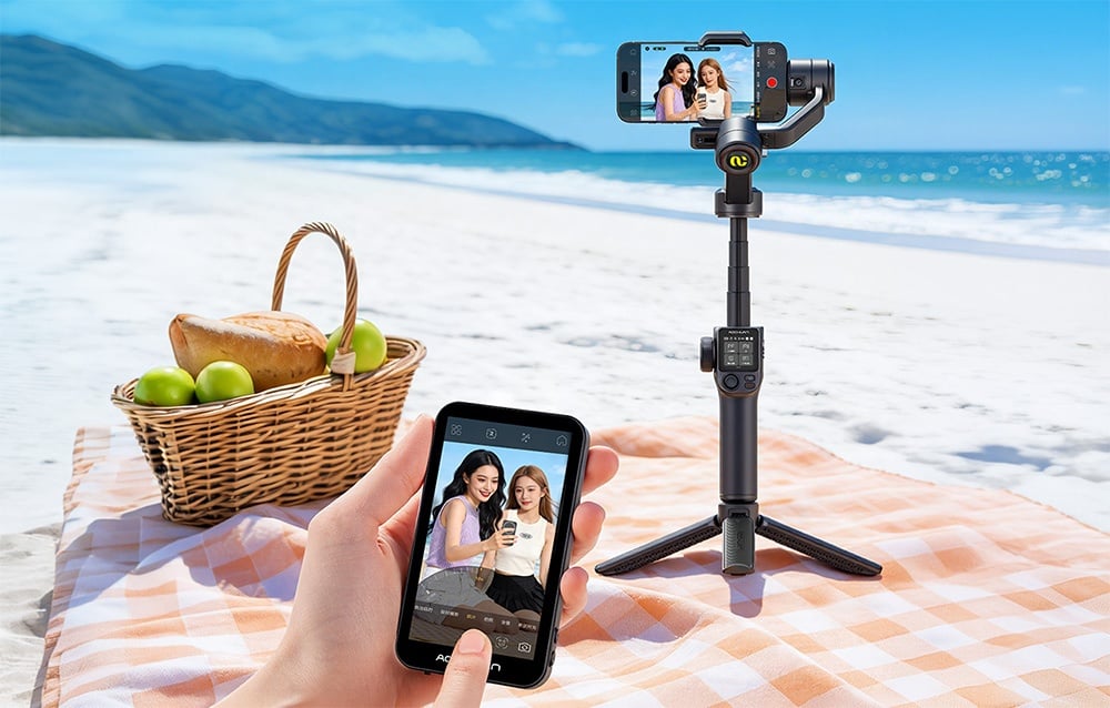 Aochuan gimbal on a tripod on the beach, remotely controlled via a module with a preview screen