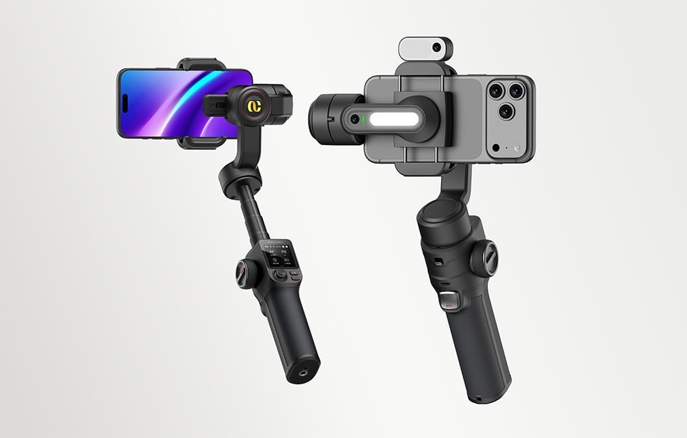 Two Aochuan gimbals with smartphones and a lighting lamp mounted, front and rear views