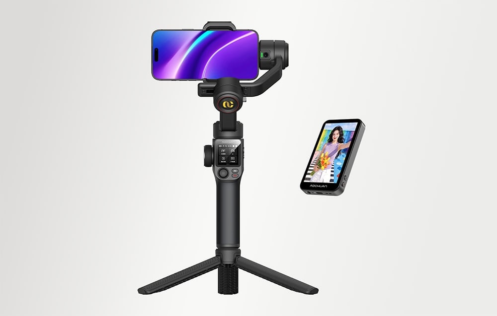Aochuan gimbal mounted on a tripod next to a wireless module with a color display