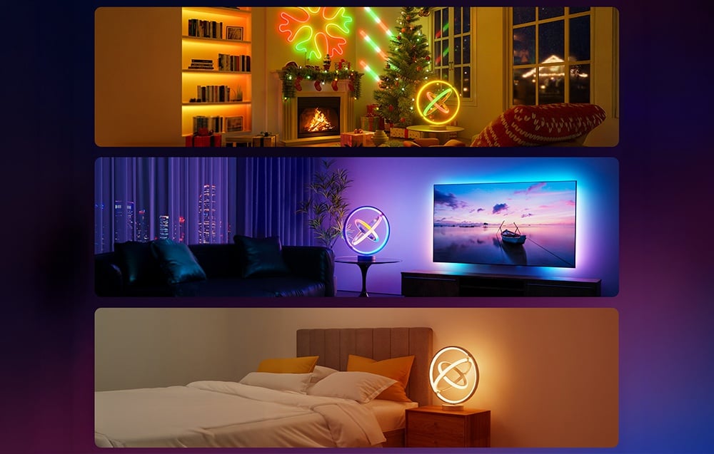 Trzy różne wnętrza w kadrach: salon z choinką, nowoczesny pokój z telewizorem oraz sypialnia z lampą biurkową.