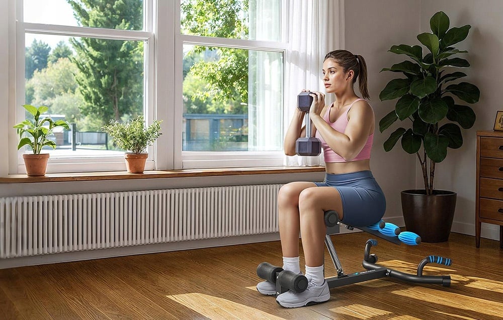 A woman in a pink top sits on a workout bench holding a dumbbell in her hands in front of a window