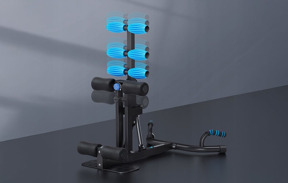 A black Merach workout bench with blue rollers shown in several height positions against a dark background