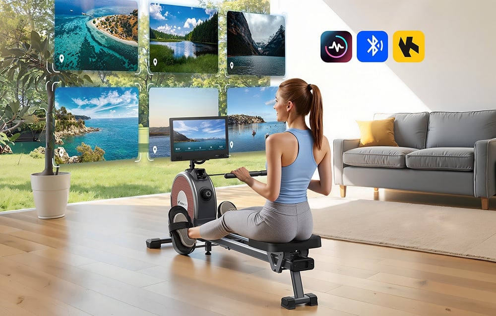 A woman working out in her living room on a Merach rowing machine with a screen; function icons and landscapes are visible in the background