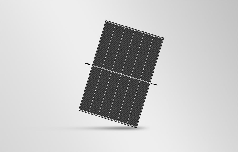 A photovoltaic panel hovers slightly tilted in the air, casting a delicate shadow on the ground.