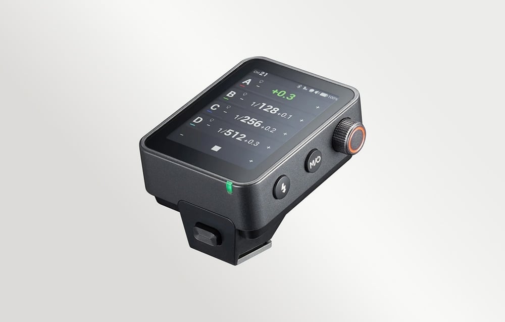 Godox X3 Pro wireless flash trigger, oblique shot showing the touchscreen and side profile