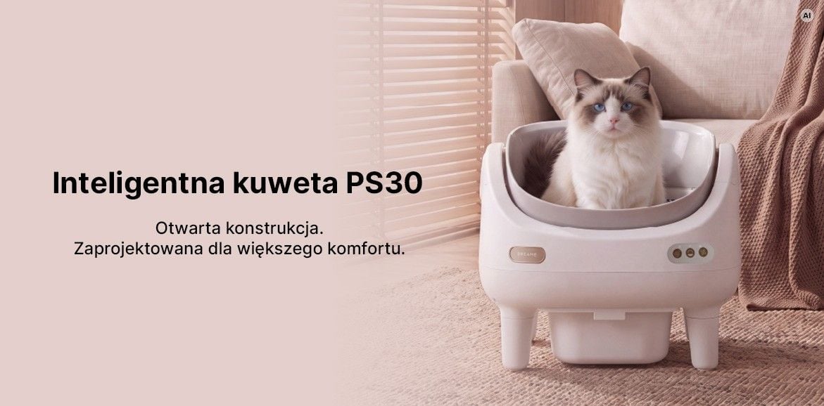 Puszysty kot w otwartej, białej kuwecie obok napisu Inteligentna kuweta PS30 Otwarta konstrukcja. Zaprojektowana dla większego komfortu