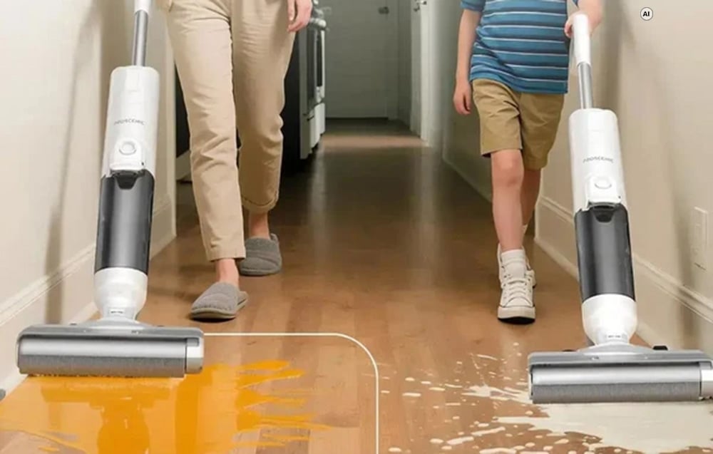 Žena a dieťa upratujú rozliate tekutiny z drevenej parketovej podlahy pomocou dvoch vysávačov Proscenic