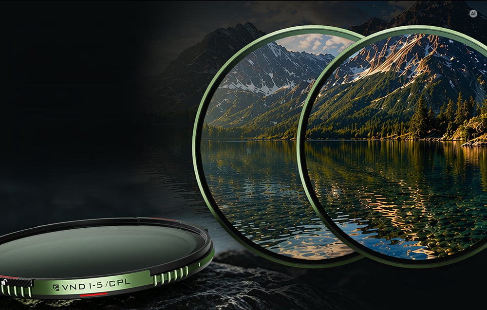A Freewell VND 1-5/CPL filter displayed against the backdrop of a mountain lake landscape, showing a comparison of reflections