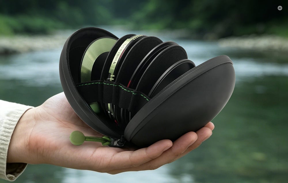 A hand holds an open black case filled with a set of Freewell round photography filters