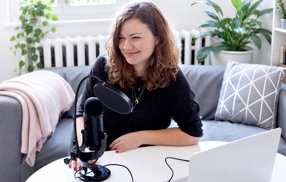 A smiling woman at a white table with an open laptop and a microphone fitted with a round windscreen; a gray sofa in the background.