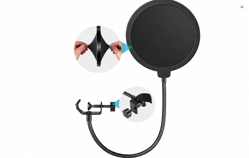 Black, round microphone cover on a flexible arm with a mounting bracket, along with close-ups of the mesh’s flexibility and the screw clamp.