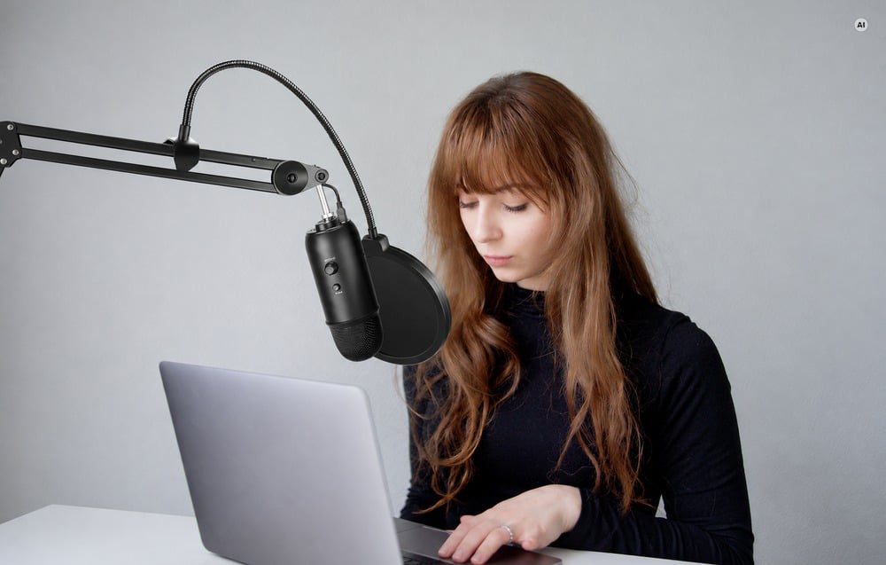 A woman with long hair working on a laptop in front of a black microphone suspended from an arm with a round windscreen attached.