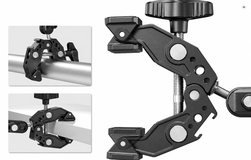 A black clamp-style mounting bracket with additional shots showing it mounted on a pole and a flat surface.