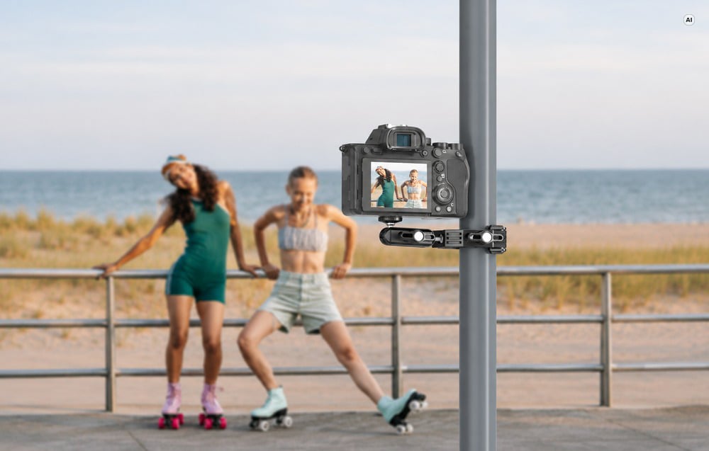 A camera mounted on a vertical pole using a clamp, capturing two people on roller skates against a backdrop of the ocean.