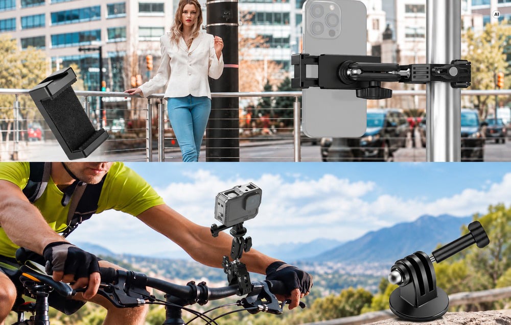 A collage showing the clamp with a phone holder attached to a street pole and an action camera mounted on a bicycle handlebar.