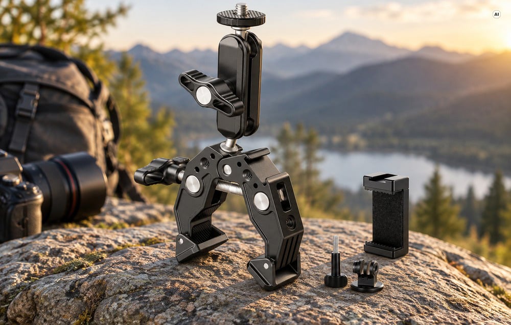 A mounting clamp with accessories placed on a rock in a mountainous setting.