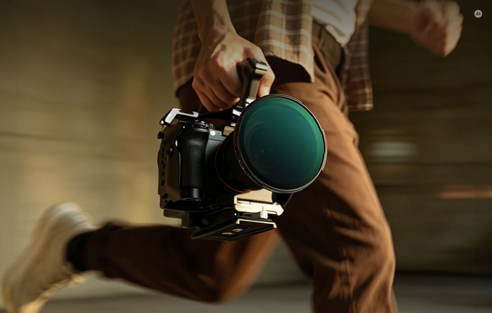 A person running holds a camera in their hand with a Freewell True Color adjustable filter attached