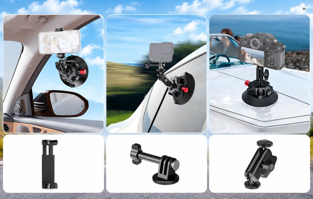 Overview of the suction cup mount’s applications in a car, on the body, and on the hood, along with the included adapters.