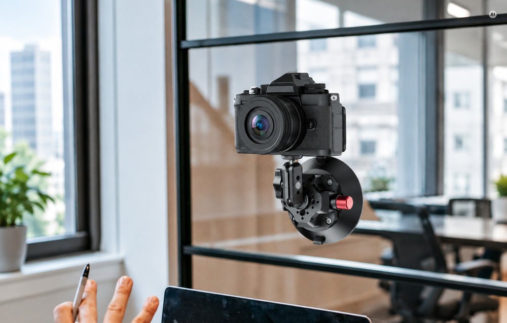 Camera mounted on a windshield using a suction cup mount, view inside an office.