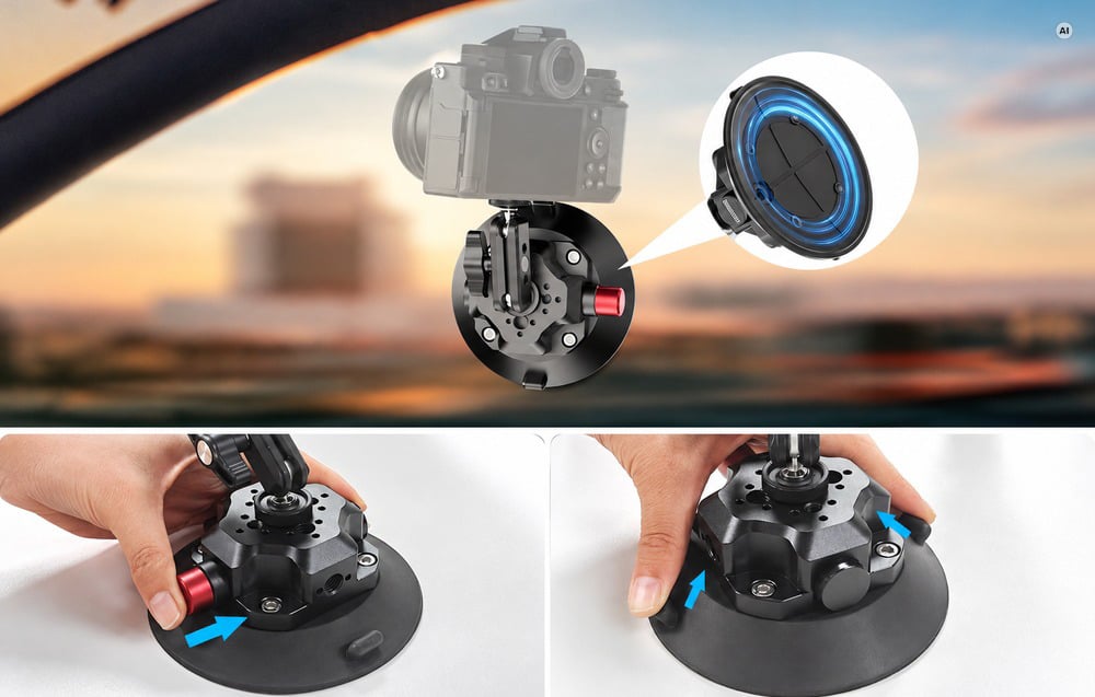 Suction cup mount attached to a car window, featuring graphics showing the suction cup and instructions for locking/unlocking the mechanism.