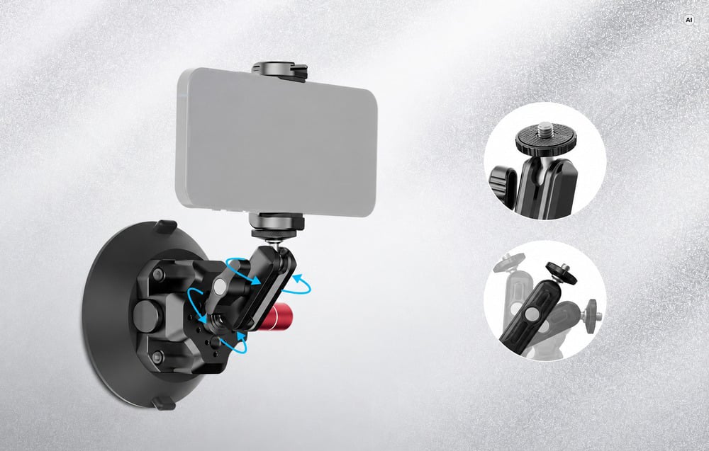 Graphic illustrating the range of adjustment and rotation of the ball joint with a smartphone attached.