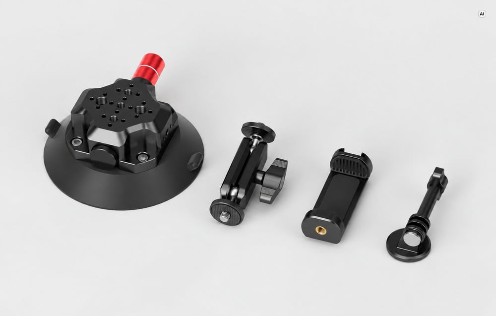 A set of mounting components laid out on a light-colored background: suction cup with base, ball joint arm, phone mount, and adapter.