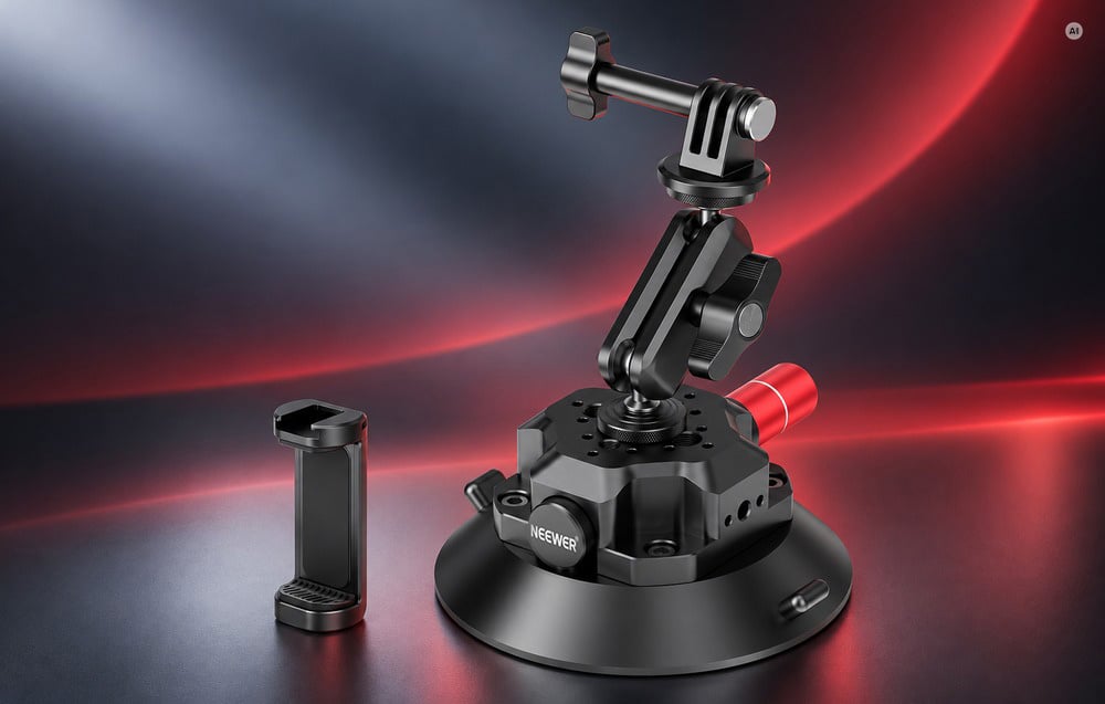 Black suction cup mount with an adjustable ball joint and an additional smartphone clamp.