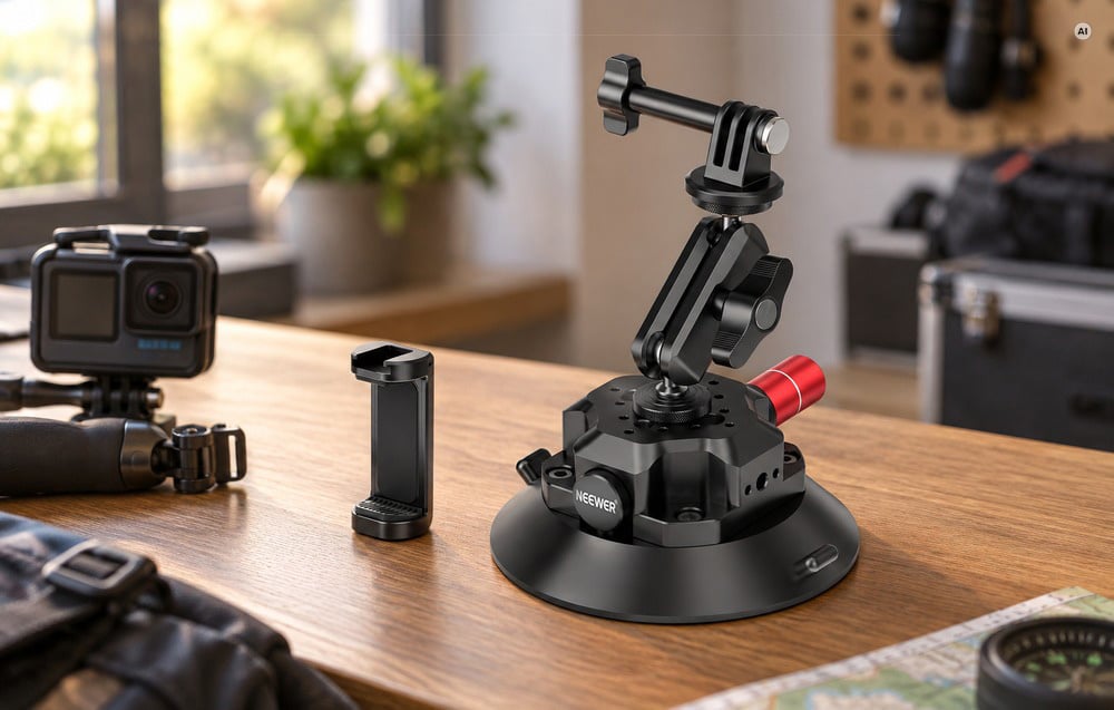 A suction cup mount with adapters placed on a wooden table next to an action camera.