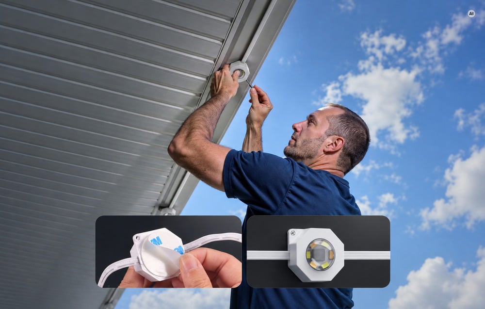 A man screwing an LED spot module to the soffit, with close-ups showing the mounting tape and the construction of a single light fixture.