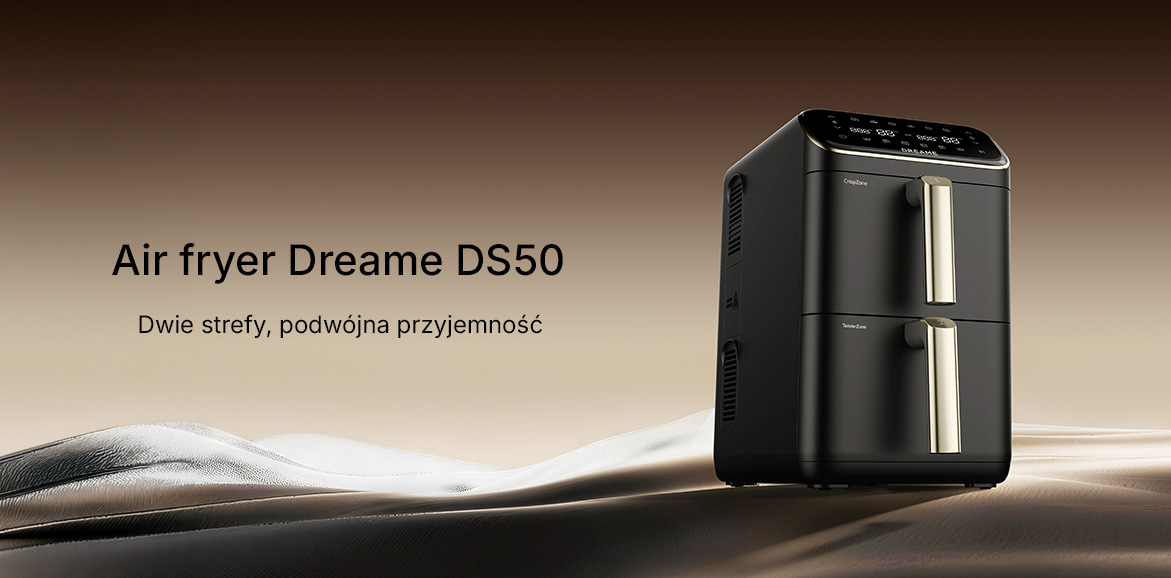 Czarny air fryer z dwoma szufladami ze złotymi uchwytami i wyświetlaczem dotykowym na ciemnym tle, napis  Dreame DS50 Dwie strefy, podwójna przyjemność