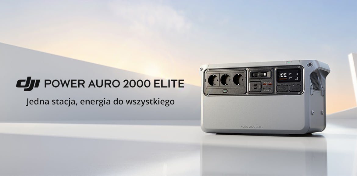 Przenośna stacja zasilania z gniazdkami i wyświetlaczem na jasnym tle obok napisu DJI POWER AURO 2000 ELITE Jedna stacja, energia do wszystkiego